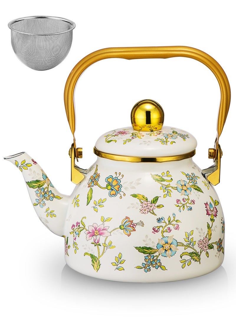 قطعة واحدة من إبريق شاي أبيض غير لامع بسعة 1.2 لتر، إبريق شاي مزين برسومات الزهور والطيور، غلاية مع مصفاة للشاي، إبريق شاي أسود بمقبض ذهبي - Image 1