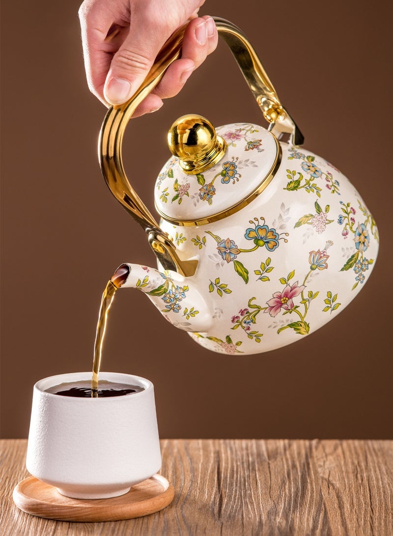 قطعة واحدة من إبريق شاي أبيض غير لامع بسعة 1.2 لتر، إبريق شاي مزين برسومات الزهور والطيور، غلاية مع مصفاة للشاي، إبريق شاي أسود بمقبض ذهبي - Image 5