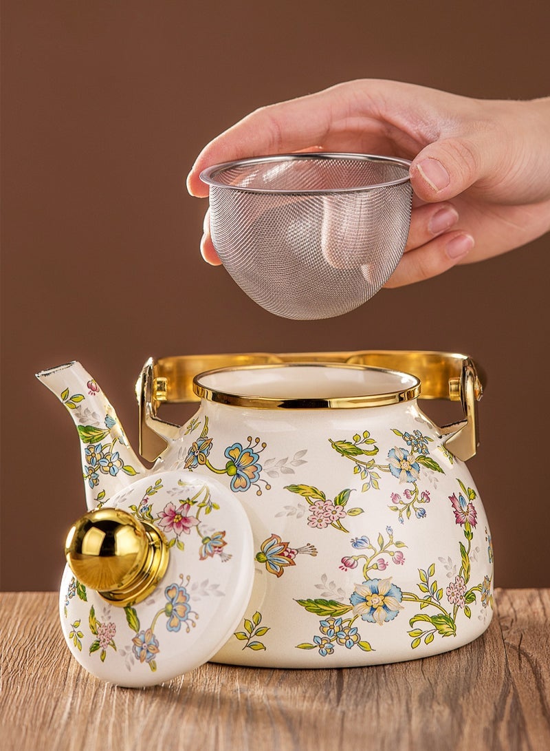 قطعة واحدة من إبريق شاي أبيض غير لامع بسعة 1.2 لتر، إبريق شاي مزين برسومات الزهور والطيور، غلاية مع مصفاة للشاي، إبريق شاي أسود بمقبض ذهبي - Image 4