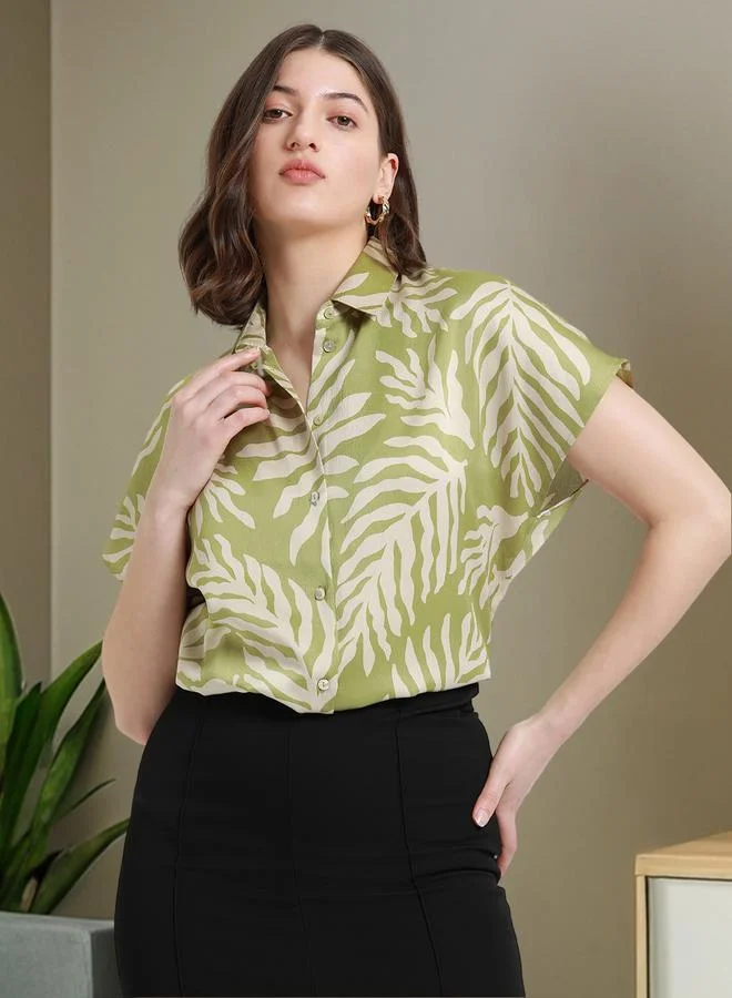 دينيس لينغو قميص نسائي مطبوع بأزرار من مزيج البوليستر بلون زيتوني فاتح