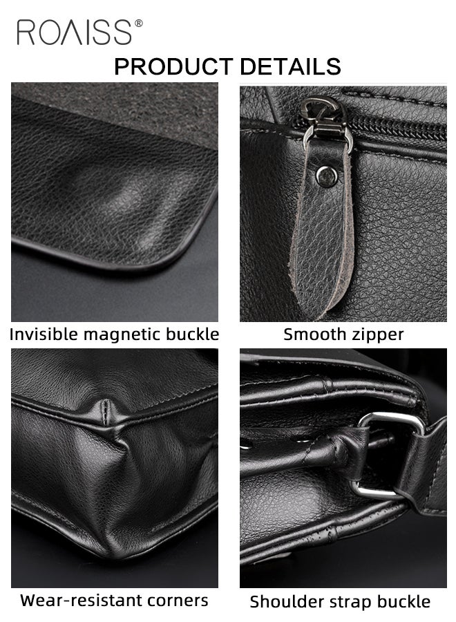 roaiss Business PU Leather Shoulder Bag for Men 7 Pockets Clamshell Adjustable Strap Waterproof Large Capacity Crossbody Bag Mens Classic Commuting Premium Textures Backpack - Image 3