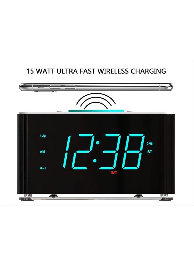 Emerson Radio ساعة منبه مزدوجة راديو بشاحن لاسلكي فائق السرعة 15 واط مع مكبر صوت بلوتوث، شاحن USB، ضوء ليلي LED أزرق، وشاشة 1.4 بوصة، أسود - Image 3