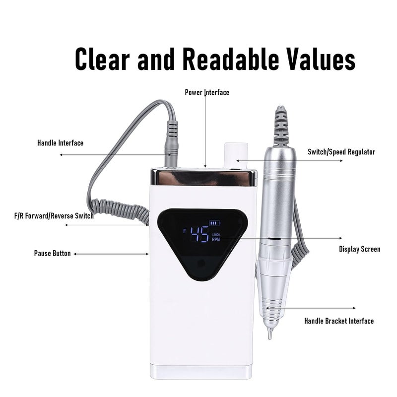 Electric Nail Drill Machine, 45000 RPM Rechargeable Cordless Nail File with LED Display, Compatible with Acrylic & Gel Nails, Professional Salon Use (White) - Image 5