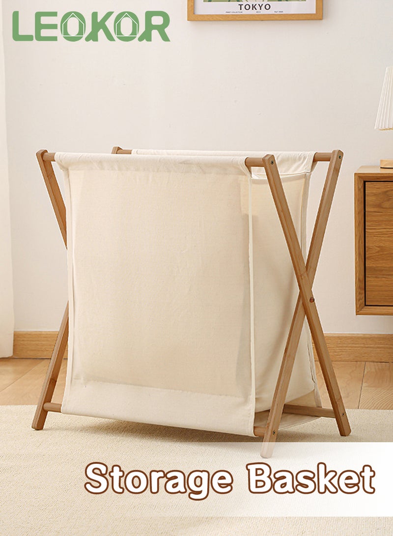 ليوكور سلة تخزين الملابس المصنوعة من الخيزران، سلة غسيل محمولة وقابلة للطي، لتخزين الملابس المتسخة مع حقيبة مبطنة من القماش قابلة للإزالة، بيج 56.5*50*34 سم - Image 1