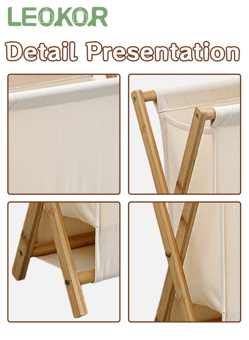 ليوكور سلة تخزين الملابس المصنوعة من الخيزران، سلة غسيل محمولة وقابلة للطي، لتخزين الملابس المتسخة مع حقيبة مبطنة من القماش قابلة للإزالة، بيج 56.5*50*34 سم - Image 3