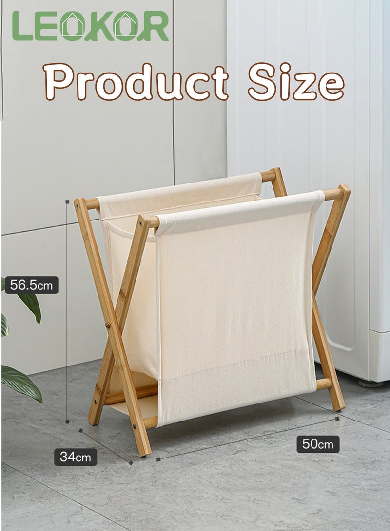 ليوكور سلة تخزين الملابس المصنوعة من الخيزران، سلة غسيل محمولة وقابلة للطي، لتخزين الملابس المتسخة مع حقيبة مبطنة من القماش قابلة للإزالة، بيج 56.5*50*34 سم - Image 5