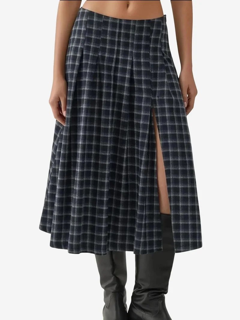 High Waist Midi Skirt with Slit in Plaid Pattern