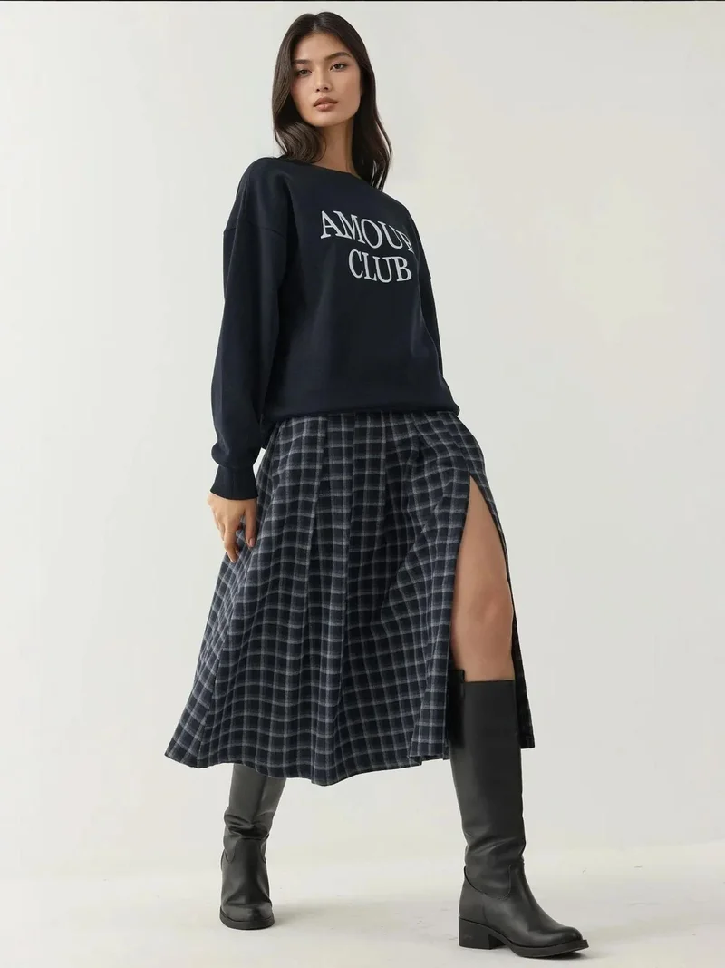 HICCUP High Waist Midi Skirt with Slit in Plaid Pattern