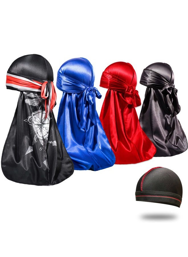ForceWave 4PCS Silky Durags for Men 360 Waves, Designer Do Rag, 1 Wave Cap (Wing Blue Black Red) - Image 1