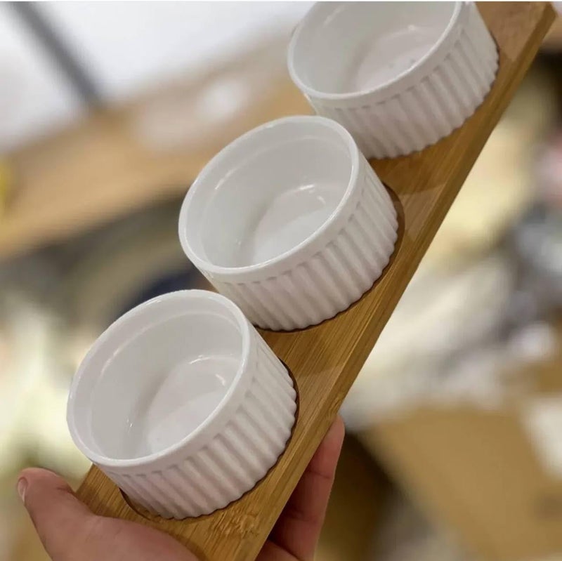 Generic Porcelain Ramekin Bowls Set of 3 with Bamboo Serving Board, Microwave and Oven Safe, White .za - Image 5