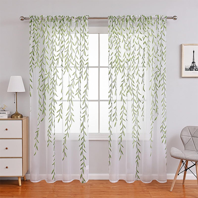 Ufurty 2 Pieces Willow Leaf Window Curtain Voile Tulle Room Salix Leaf Sheer Vine Curtain Voile Panel Drapes Curtain White Sheer Green Leaf Curtain for Living Room Bedroom Balcony
