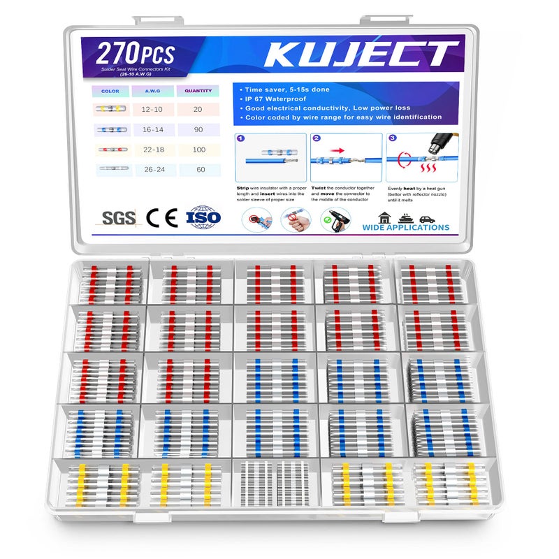 Kuject 270PCS Solder Seal Wire Connectors, Self-Solder Heat Shrink Butt Connector Waterproof Insulated Electrical Butt Splice Wire Terminals for Marine Automotive Boat Truck Stereo Wire Joint