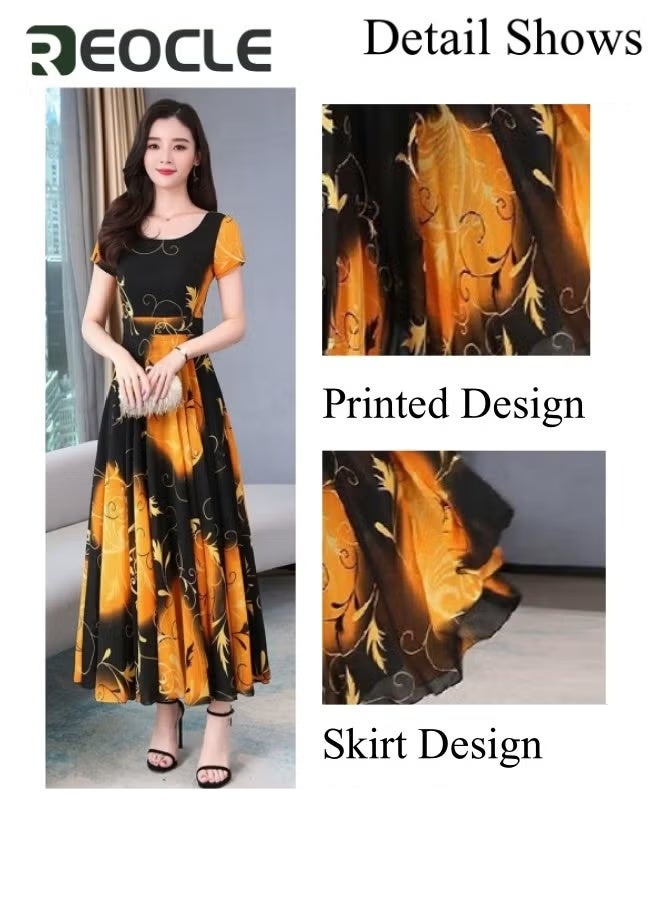 REOCLE Women's Ice Silk Print Dress Tie Waist Elegant A-Line Flowy Short Sleeve Dresses Summer Maxi Dress with Full Skirt Design & Waist-cinching Design  - Image 4