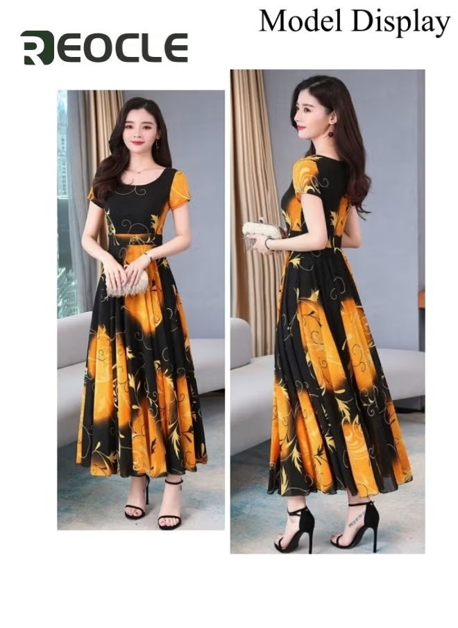 REOCLE Women's Ice Silk Print Dress Tie Waist Elegant A-Line Flowy Short Sleeve Dresses Summer Maxi Dress with Full Skirt Design & Waist-cinching Design  - Image 2