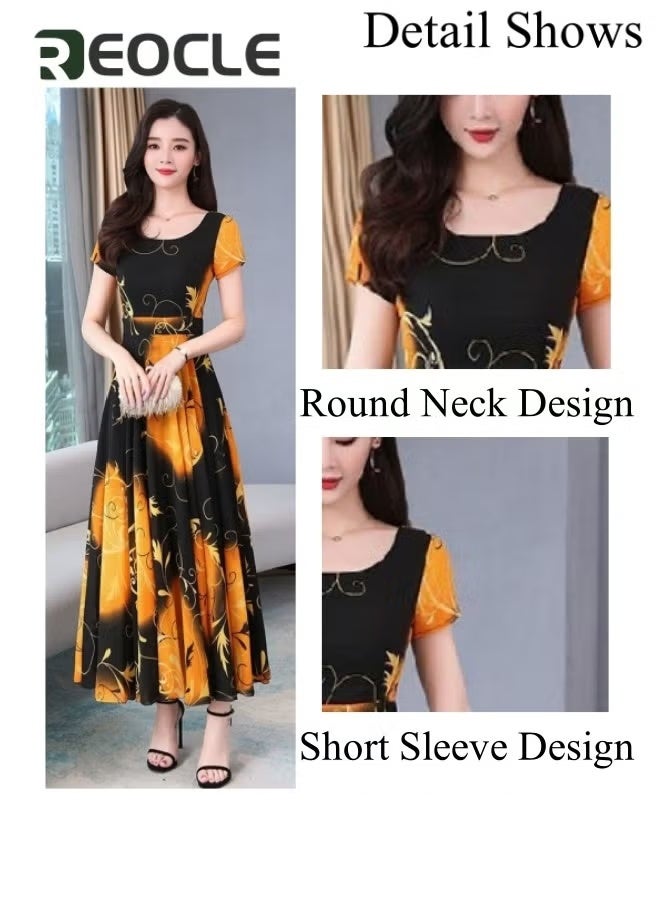 REOCLE Women's Ice Silk Print Dress Tie Waist Elegant A-Line Flowy Short Sleeve Dresses Summer Maxi Dress with Full Skirt Design & Waist-cinching Design  - Image 3