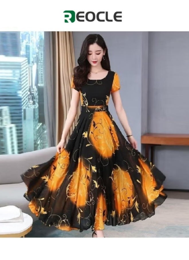 REOCLE Women's Ice Silk Print Dress Tie Waist Elegant A-Line Flowy Short Sleeve Dresses Summer Maxi Dress with Full Skirt Design & Waist-cinching Design  - Image 1