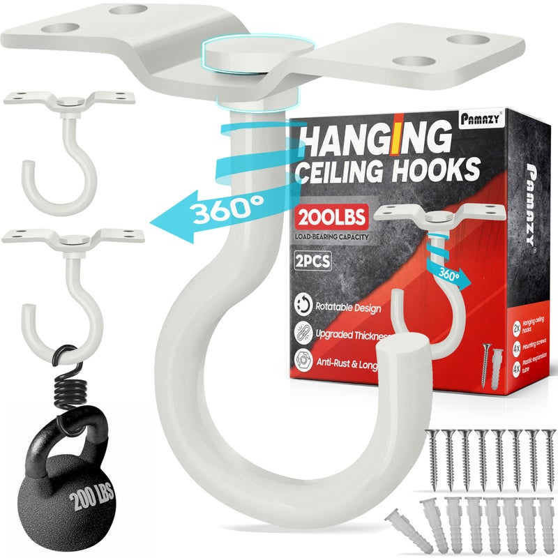 PAMAZY [UPGRADED] 2Pcs 200LBS Rotatable Ceiling Hooks with 4 Screw Points Base, Wall Mount Metal Hanger White Ceiling Hook for Hanging Plant, Bird Feeder, Lights, Bed Canopy, Wind Chime, Indoor Outdoor Decor - Image 1