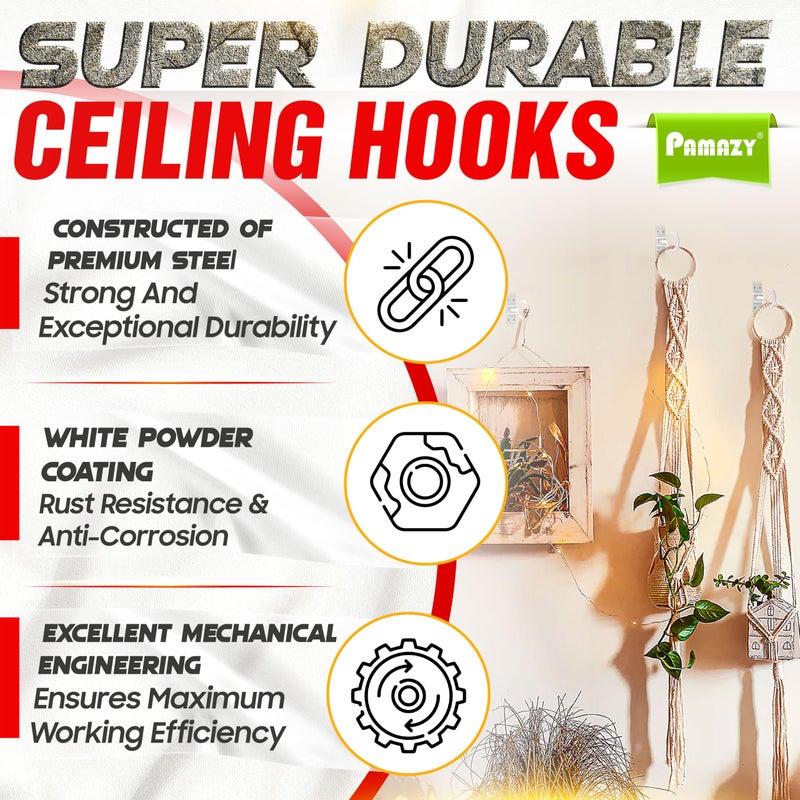PAMAZY [UPGRADED] 2Pcs 200LBS Rotatable Ceiling Hooks with 4 Screw Points Base, Wall Mount Metal Hanger White Ceiling Hook for Hanging Plant, Bird Feeder, Lights, Bed Canopy, Wind Chime, Indoor Outdoor Decor - Image 4