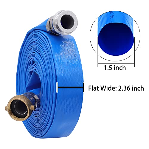 Geowaky 1-1/2" x 50′ PVC Lay Flat Water Pump Discharge Hose With Aluminum Pin Lug Fittings, Heavy Duty Reinforced Pool Backwash Hose Assembly - Image 2