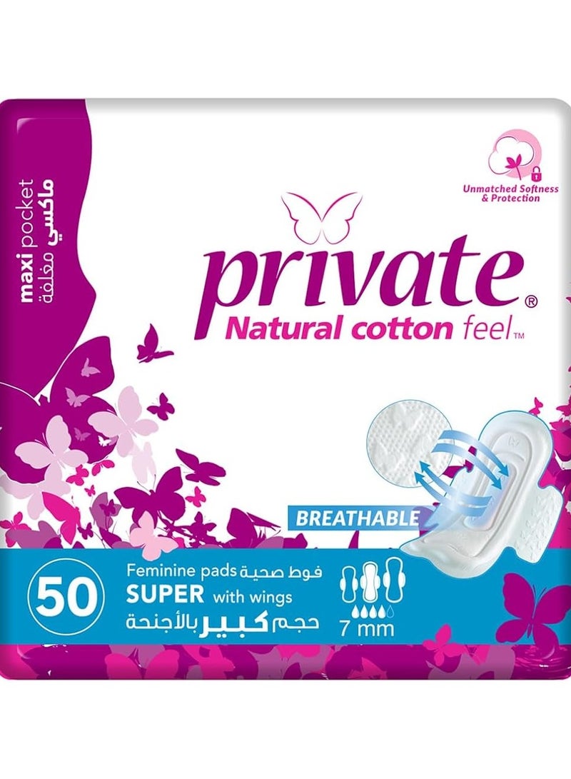 Private 50 PC Maxi Pocket Super Pads – With Secure Wings!
