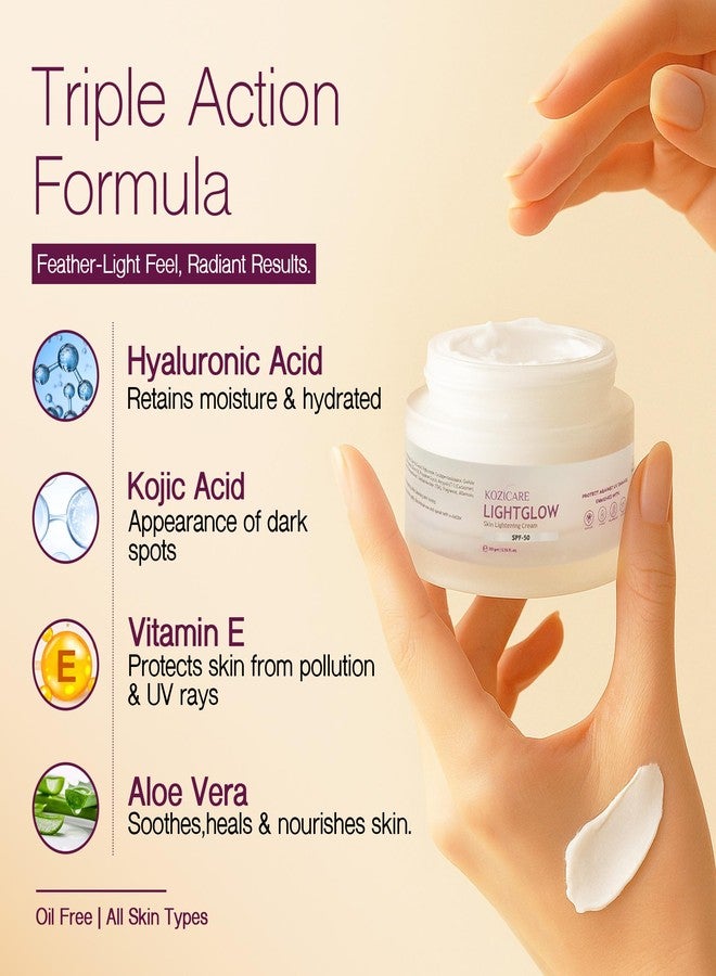 Kozicare WhiteGlow Skin Whitening And Brightening Gel | Kojic Acid Face Cream - Helps in Pigmentation Removal SPF 50 Protection | All Skin Types Women | Moisturizer Included - 50 Gm - Image 3