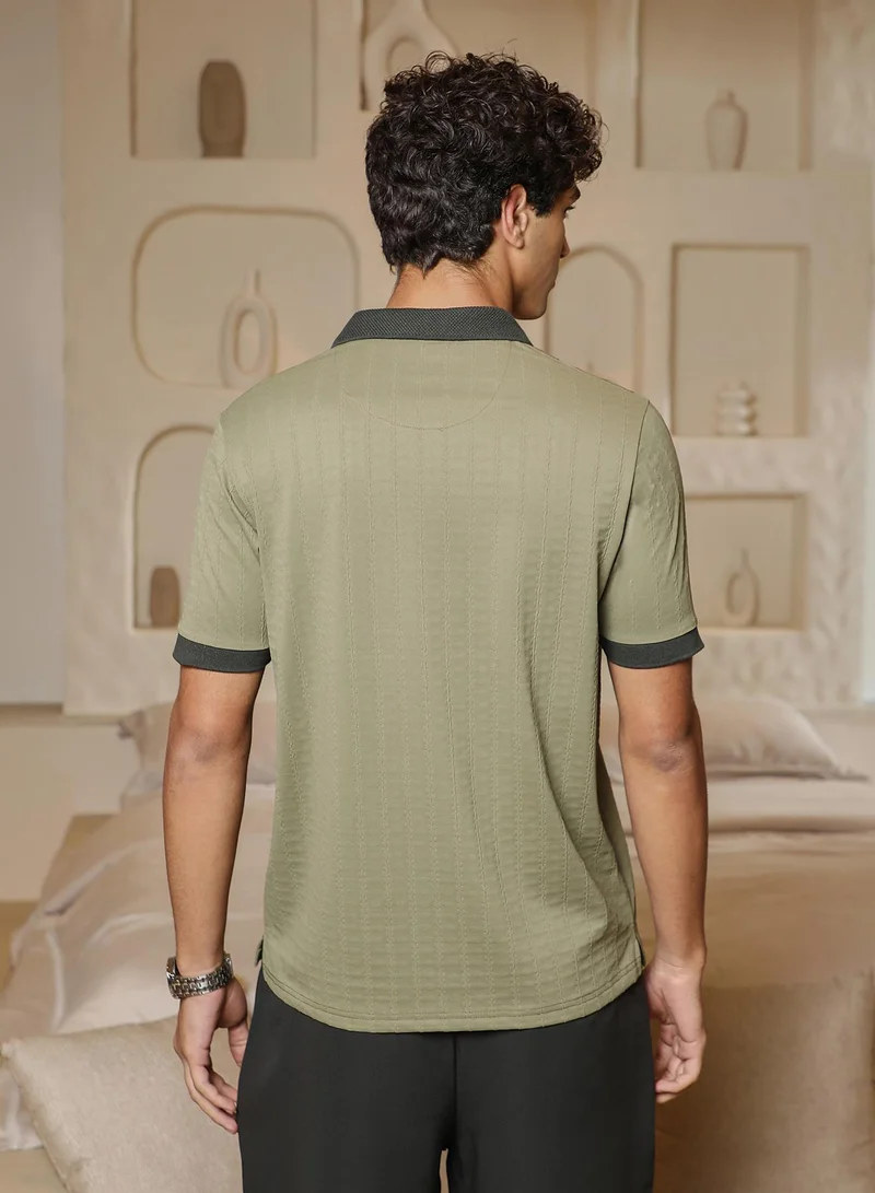 CAHOOT  Men's Pistachio Green Rope-Lined Textured Polo T-Shirt for Men | Best Price UAE