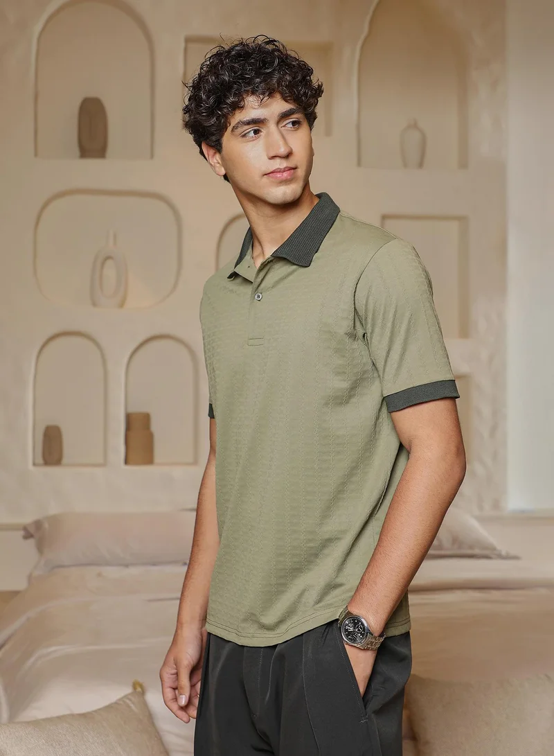 CAHOOT  Men's Pistachio Green Rope-Lined Textured Polo T-Shirt for Men | Best Price UAE
