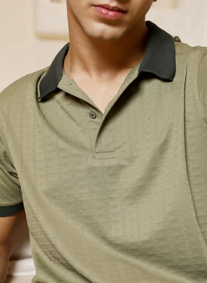 CAHOOT  Men's Pistachio Green Rope-Lined Textured Polo T-Shirt for Men | Best Price UAE