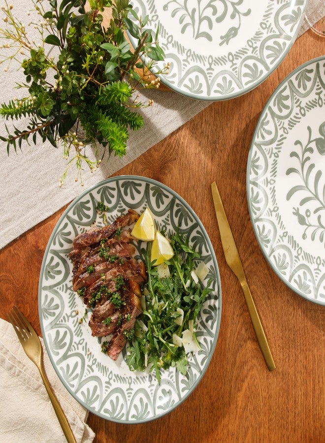 Bloomhouse - 2-Time Oprah’s Favorite Things - Valencia Flor 4 Piece 10.75” Dinner Plate Set, Stoneware Plates, Mediterranean Floral Decal Design, Microwave & Dishwasher Safe, Fern Green - Image 3