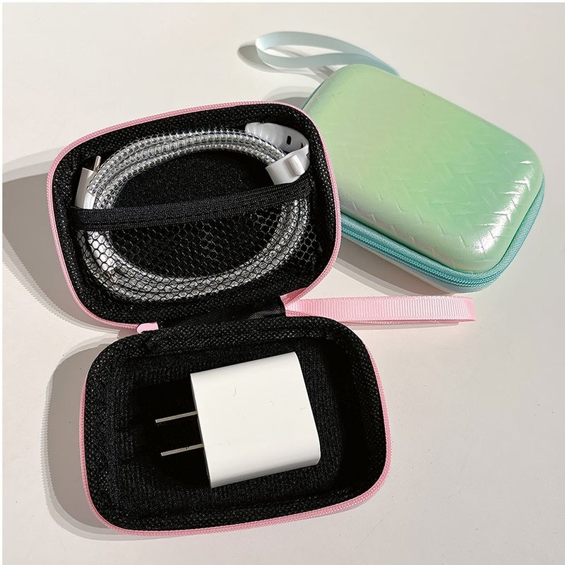 Pink EVA Iridescent Woven Small Storage Pouch Square Hard Shell Zipper Case Suitable For Data Charger Digital Bluetooth Earphone Organizer With Mesh Pocket Design Portable Travel Drop Resistant - Image 2