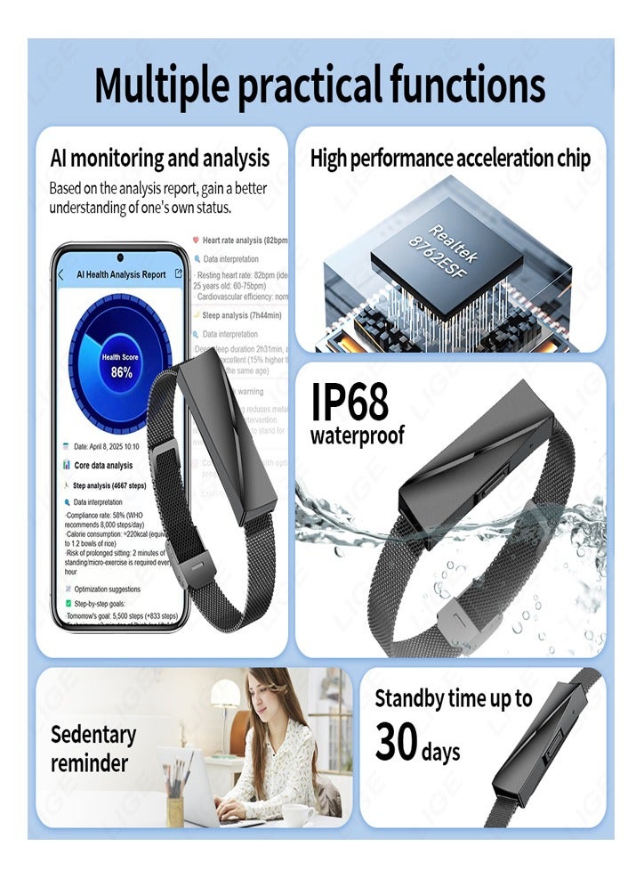 LIGE Couple Interaction Function Waterproof Smart Band for Men and Ladies Pedometer Health Monitoring Sport Fitness Tracker with Double Black Replaceable Strap - Image 4