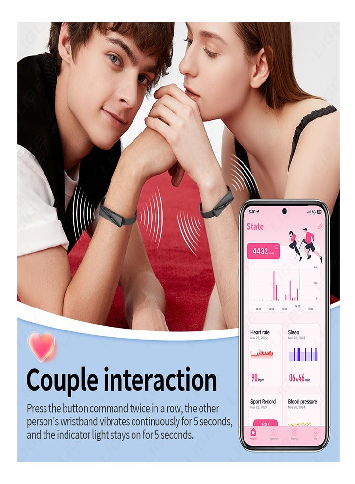 LIGE Couple Interaction Function Waterproof Smart Band for Men and Ladies Pedometer Health Monitoring Sport Fitness Tracker with Double Black Replaceable Strap - Image 5