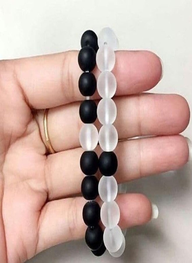 MEENAZ Bracelet for Women Men boys Fashion White Black Beads Bracelets Couple Bracelets Strechable Adjustable Jewellery Birthday Gift Anniversary Wife Husband Stone Couples Combo Best Friend black 362 - Image 4
