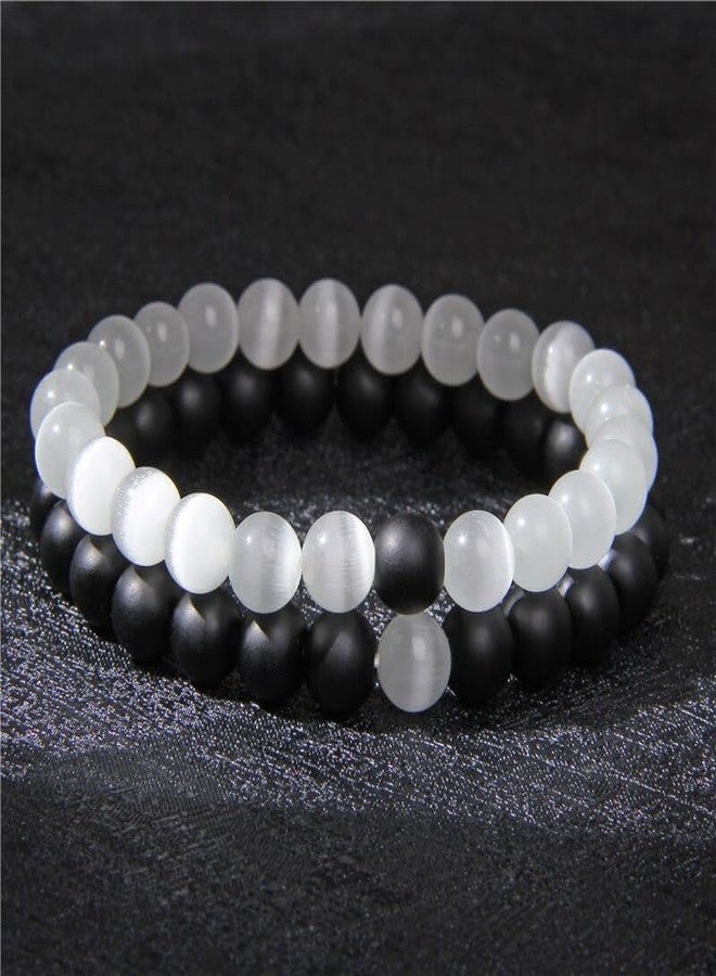 MEENAZ Bracelet for Women Men boys Fashion White Black Beads Bracelets Couple Bracelets Strechable Adjustable Jewellery Birthday Gift Anniversary Wife Husband Stone Couples Combo Best Friend black 362 - Image 3