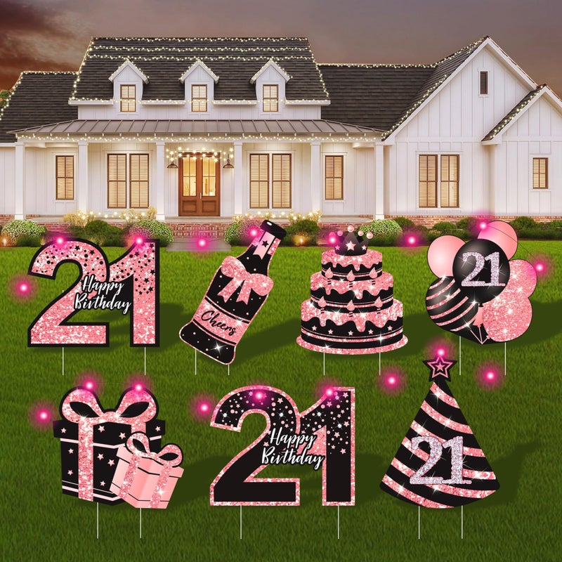 ComboJoy 21st Birthday Decorations for Her - 7 Pcs Birthday Yard Signs with Stakes, 2 LED Lights & Double-Sided Tape | Happy 21 Years Old Decor | Outdoor/Indoor Party Favors, Photo Props & Lawn Decorations - Image 1