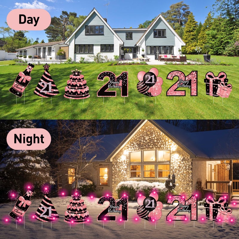 ComboJoy 21st Birthday Decorations for Her - 7 Pcs Birthday Yard Signs with Stakes, 2 LED Lights & Double-Sided Tape | Happy 21 Years Old Decor | Outdoor/Indoor Party Favors, Photo Props & Lawn Decorations - Image 3