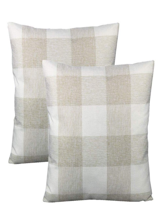 VAKADO Farmhouse Throw Pillow Covers 18x18 Set of 2 Porch Decor Buffalo Plaids Decorative Retro Rustic Checkers Cotton Linen Square Cushion Cases Home for Sofa Couch Bed, Beige Cream White - Image 1