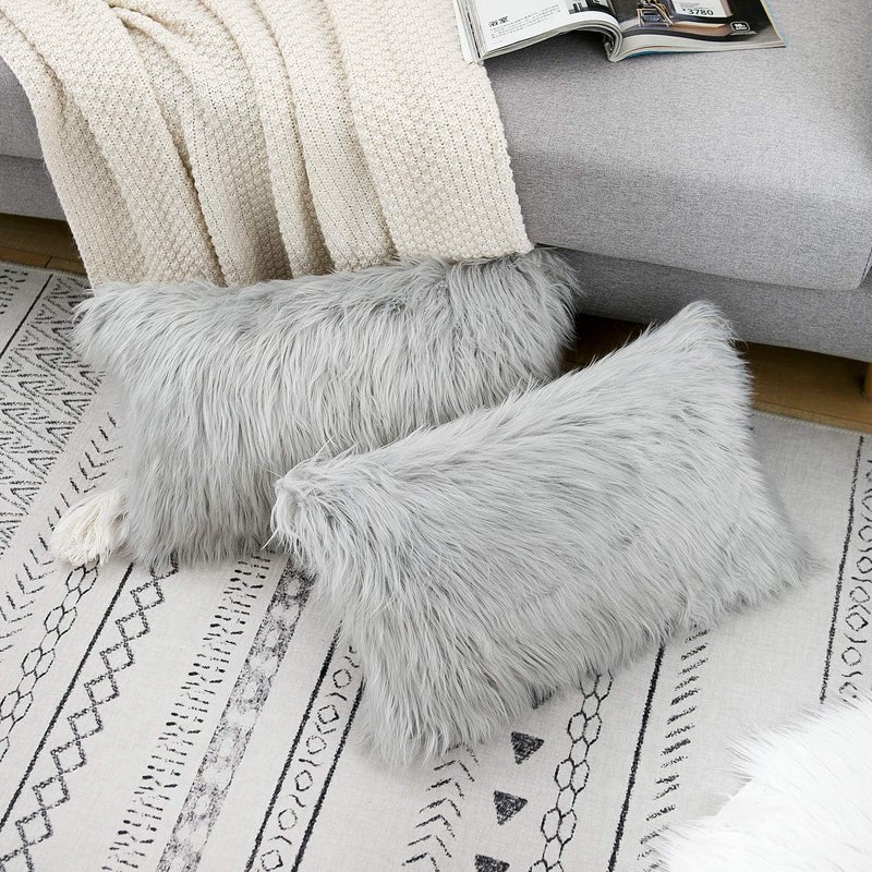 WLNUI Global standard processed material Set of 2 Lumbar Light Grey Decorative Pillow Covers New Luxury Series Merino Style Faux Fur Fluffy Throw Pillow Covers Fuzzy Cushion Case 12x20 Inch Care processed raw material - Image 2