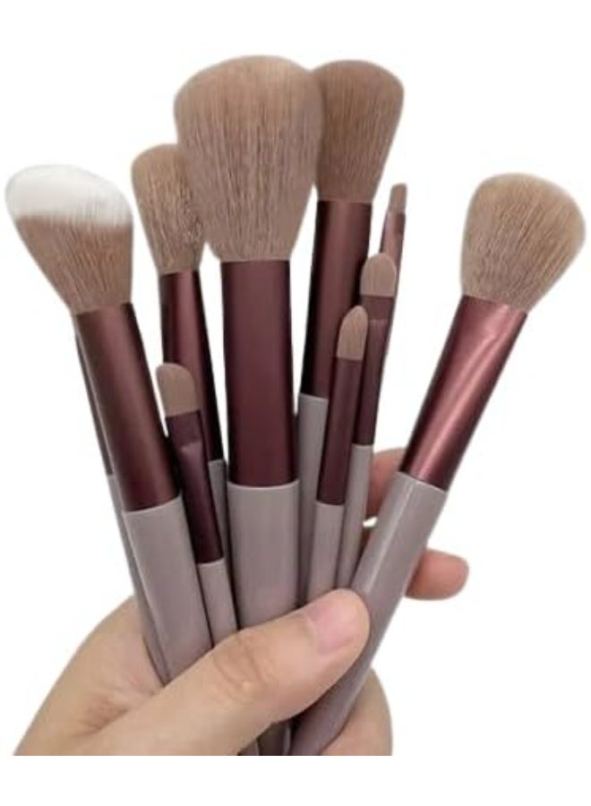 مجموعة فرش مكياج بشعيرات بولي اميد ناعمة منفوشة من 13 قطعة مع شنطة مستحضرات تجميل، لون بني - Image 1