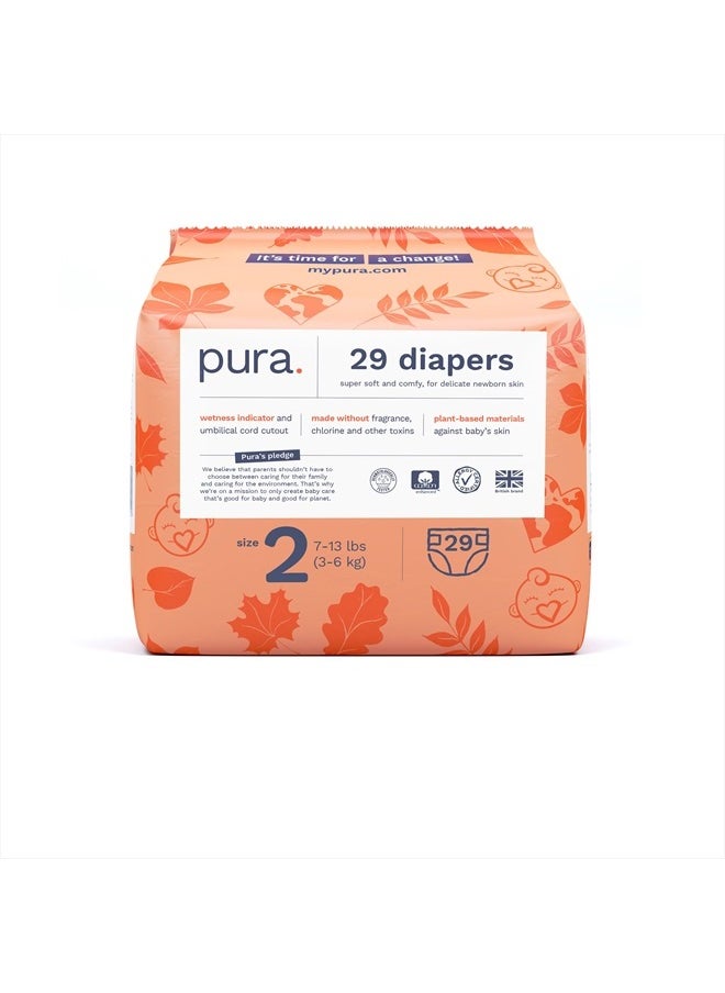 Pura Size 2 Eco-Friendly Diapers (7-13 lbs) TCF, Hypoallergenic, Soft Organic Cotton Comfort, Sustainable, Wetness Indictor. Allergy UK, Paper Packaging. 1 Pack of 29  - Image 1
