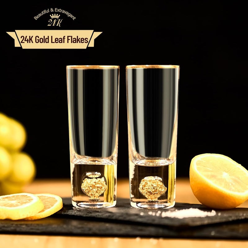 DUJUST نظارات شوت رائعة (2 أونصة)، مجموعة كؤوس شوت مزينة برقائق ذهبية 24 قيراط، فريدة من نوعها، كؤوس شوت رائعة وجميلة، خالية من BPA وخالية من الرصاص، مثالية للديكور والمجموعات، خيارات هدايا - 6 قطع - Image 2