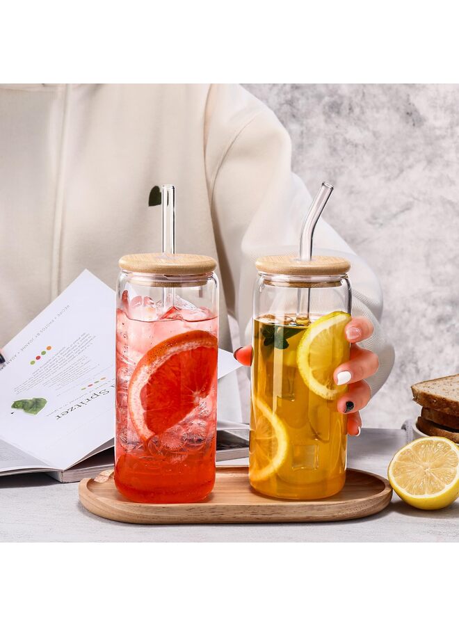 600ml Glass Cups with Lids and Straws 4 pcs-Coffee Cups,Drinking Glasses Set,Glass Tumbler with Straw and Brown Lid Gift 2 Cleaning Brushes - Image 1