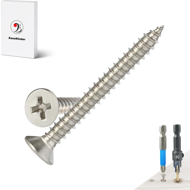 Kinder Wood Screws - 65PCS Flat Head Phillips Screws, 304 Stainless Steel Screw with Adjustable Wood Countersink Kit (#8 x 1-3/8") - Image 1