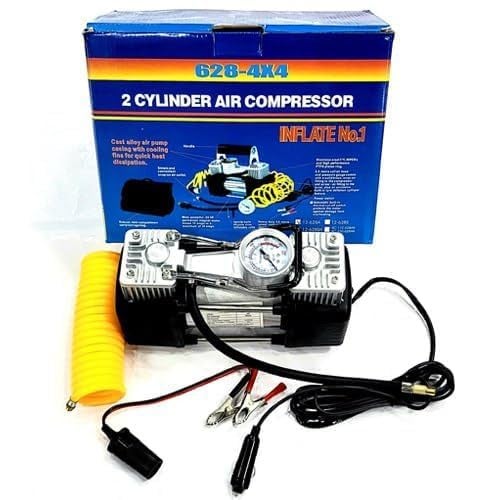 DHARMISHO Heavy Duty 2Cylinder Car Air Compressor 12V DC Portable Tyre Inflator with Pressure Gauge Metal Construction