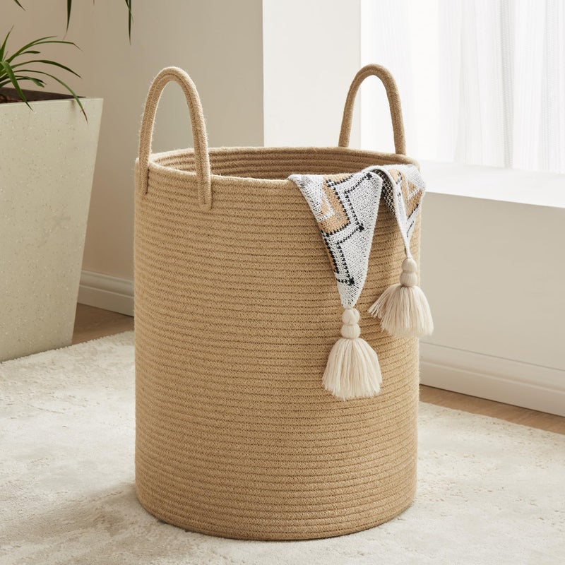 YOUDENOVA Cotton Laundry Hamper 58L  Woven Collapsible Storage Basket  Jute Brown