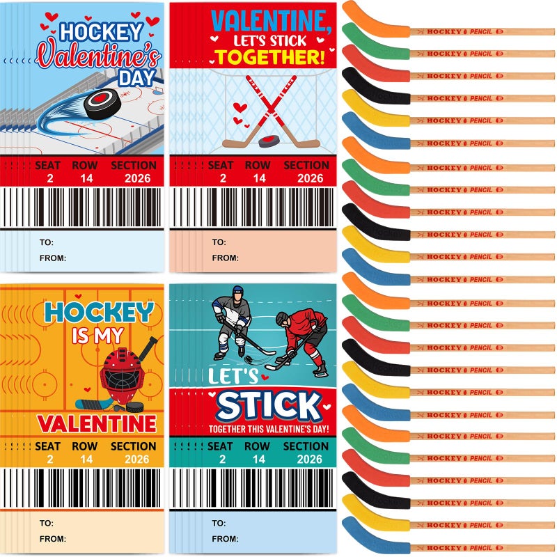 Fancy Land Valentines Day Hockey Themed Gifts Set Valentine Card with Hockey Pencil for Kids School Classroom Holiday Exchange Party Supplies 24 Sets - Image 1