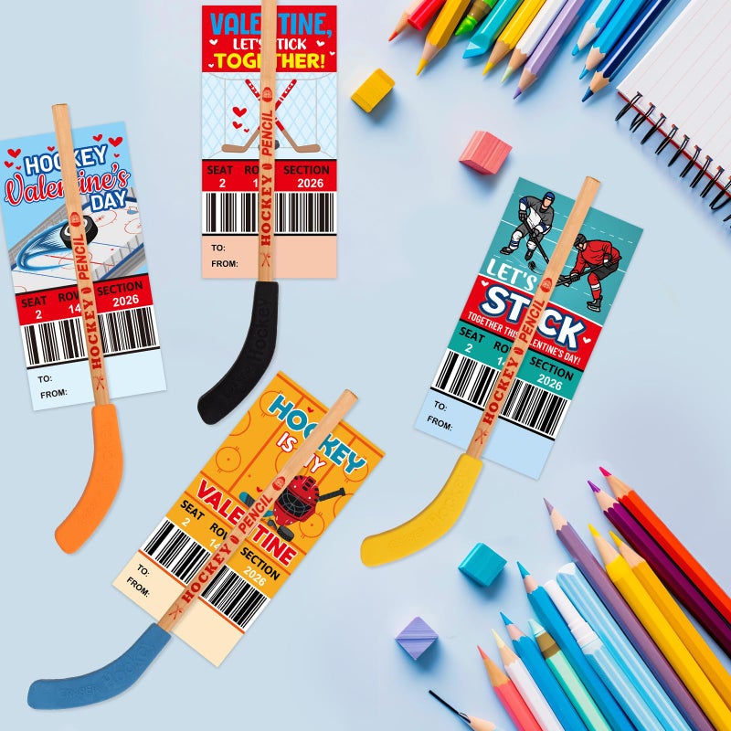 Fancy Land Valentines Day Hockey Themed Gifts Set Valentine Card with Hockey Pencil for Kids School Classroom Holiday Exchange Party Supplies 24 Sets - Image 4