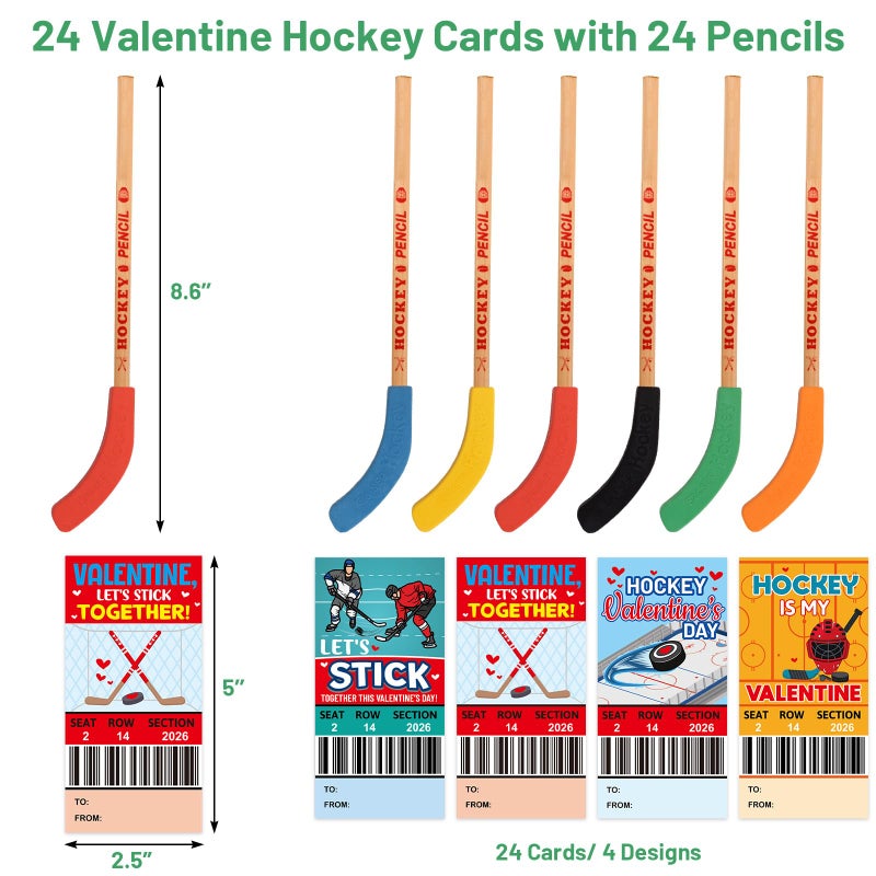 Fancy Land Valentines Day Hockey Themed Gifts Set Valentine Card with Hockey Pencil for Kids School Classroom Holiday Exchange Party Supplies 24 Sets - Image 3