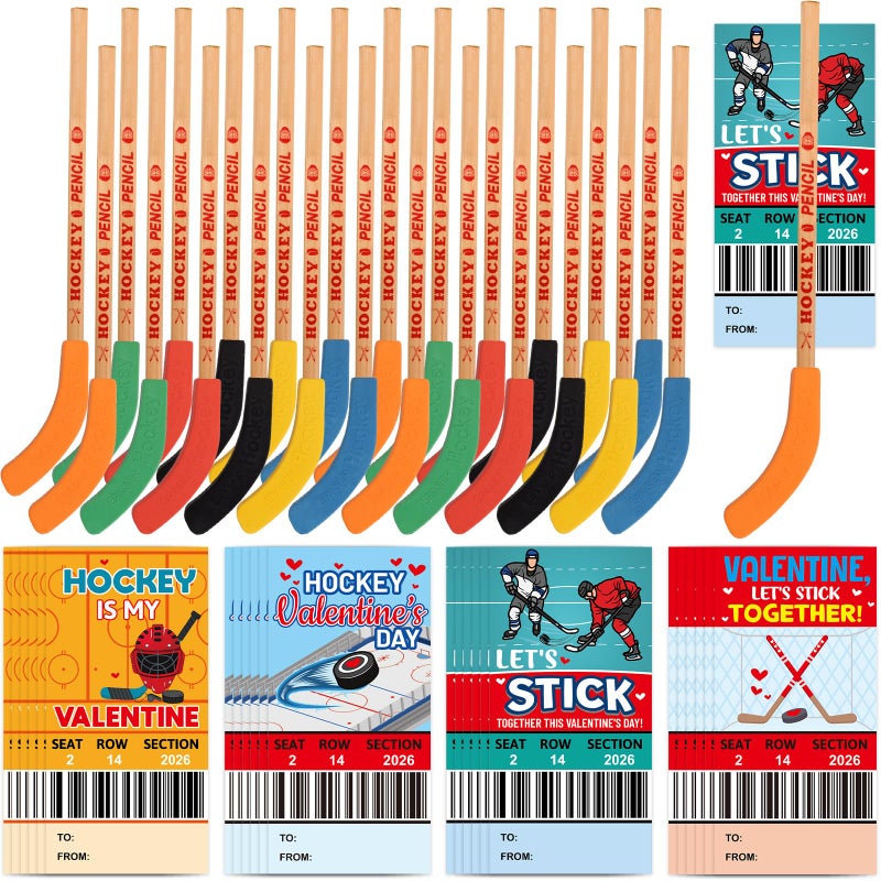 Fancy Land Valentines Day Hockey Themed Gifts Set Valentine Card with Hockey Pencil for Kids School Classroom Holiday Exchange Party Supplies 24 Sets - Image 2