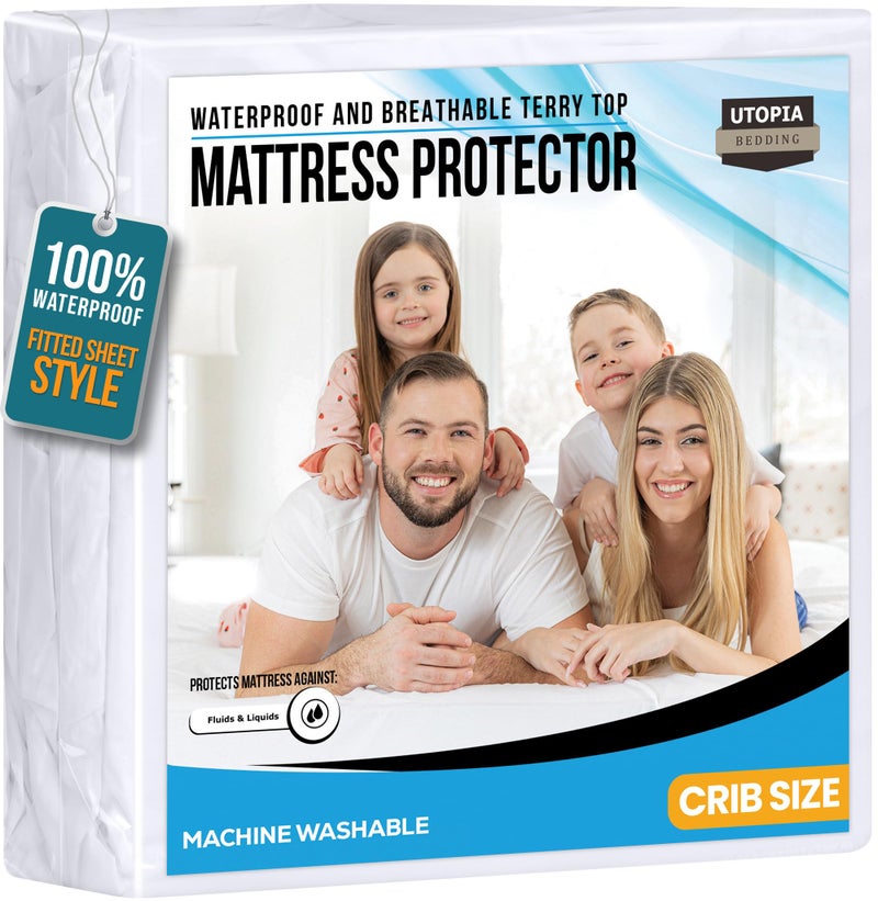 Utopia Bedding Waterproof Mattress Protector Crib Size Premium 200 GSM Terry Mattress Cover Soft Breathable Bed Cover Fitted Sheet Style with Stretchable Deep Pockets 5 White